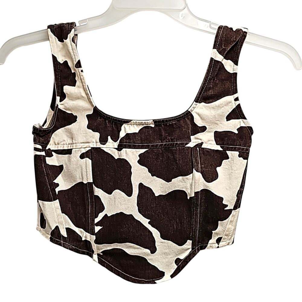Lone Star Womens Brown & White Cow Print Denim Cropped Corset Top - Size S